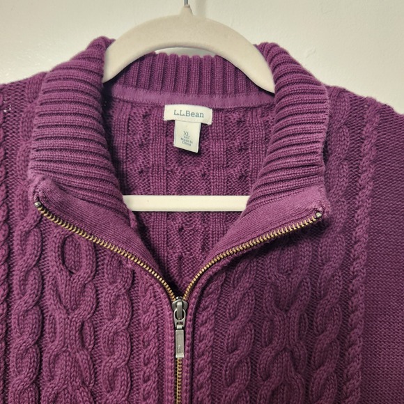 LL Bean Vtg Purple Cable Knit Cardigan Full Zip XL Mock Neck Cotton Chunky - Picture 10 of 13